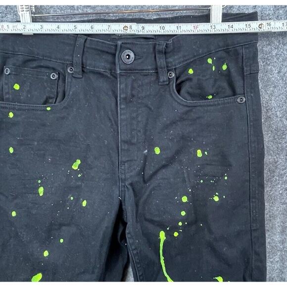 M Society Politically Incorrect Jeans Mens 32 Skinny Black Green Paint Splatter - Picture 3 of 8